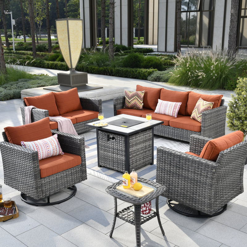 Lovall Rattan Wicker 7 - Person Seating Group with Fire Pit and Cushions, Orange Red