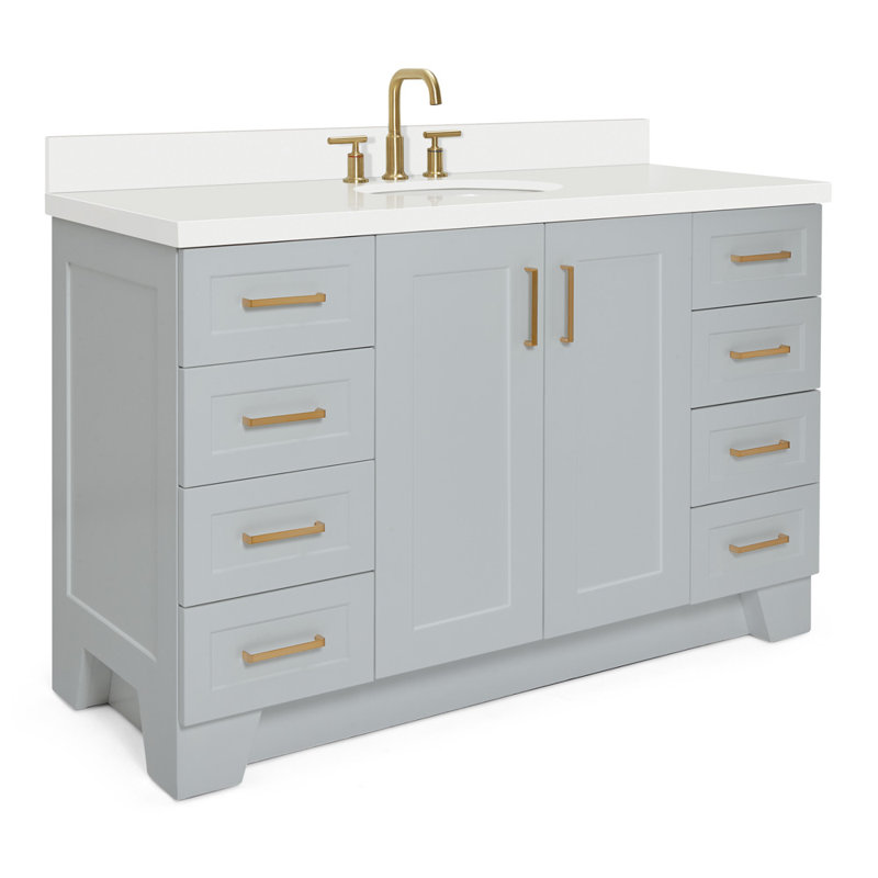 61 IN.  Single Bathroom Vanity, Gray, Oval, White Quartz