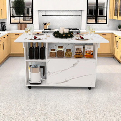 Table de chariot de cuisine pliante de 47 pouces avec tablettes de rangement, armoire et roulettes pour les petits espaces