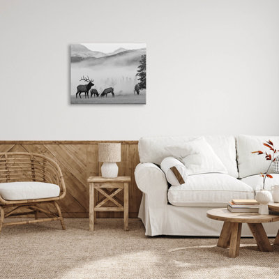 " Foggy Rural Deer Grazing " Black and White Photography Print