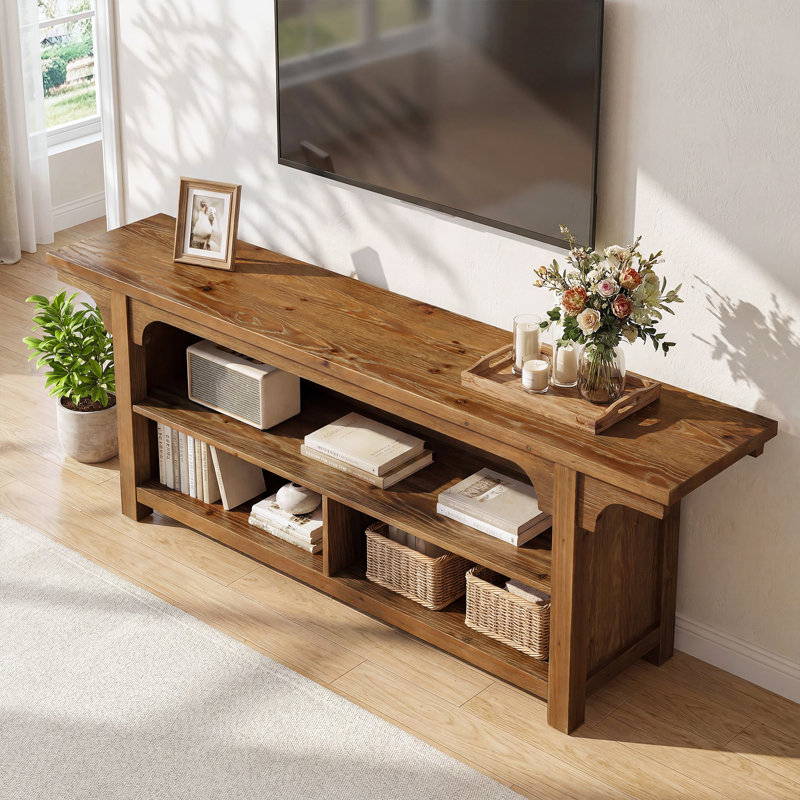 Meuble télé 63 po en bois massif pour téléviseur de 70 po ou moins avec 3 espaces de rangement ouverts