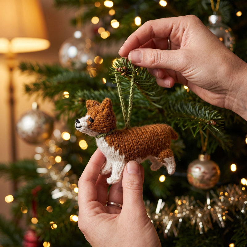 Ornement de Noël en laine d'alpaga tricoté à la main - chien Corgi