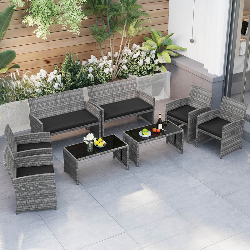 Ensemble de 4 meubles de patio avec table basse en verre trempé et 2 canapés simples noir et gris, Noir