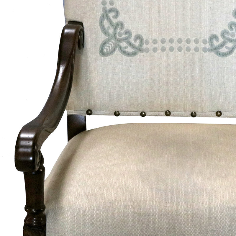 Upholstered Armchair, Dark Brown Wood, Beige Geometric Polyester Blend