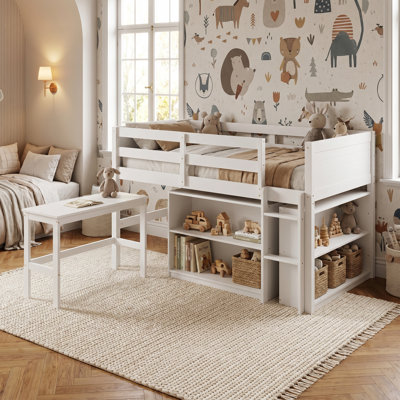 Lit mezzanine pour enfants 44,4 po H blanc avec bureau coulissant