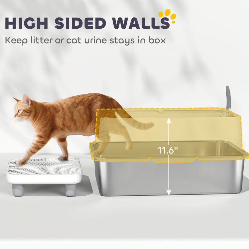 Litière hygiénique et spacieuse en acier inoxydable pour chat, pédale de filtre pour minimiser les dégâts, livrée avec de l'acier gris TG