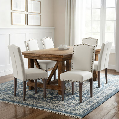 Modern Soft Linen Fabric 6'' Thickened Upholstered Dining Chair  with Solid Wood Legs, Nailhead Trim, Ergonomic High Back