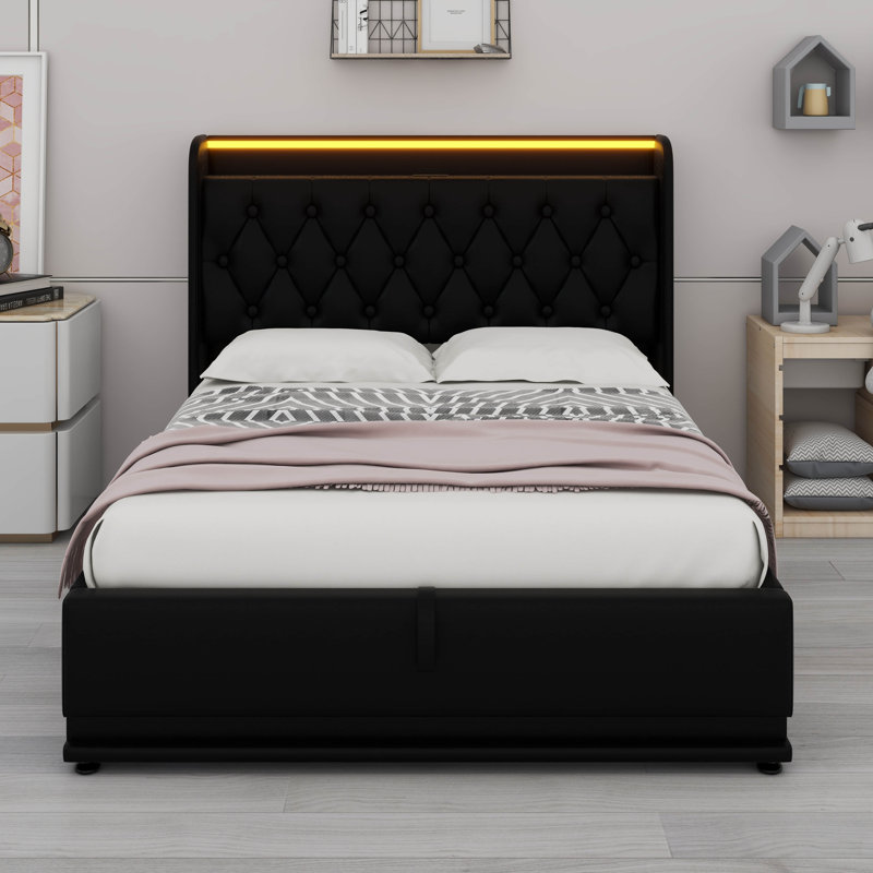 Lit de rangement pleine grandeur à levage hydraulique - Lumières DEL intégrées et ports de charge USB Type-C pour les chambres modernes