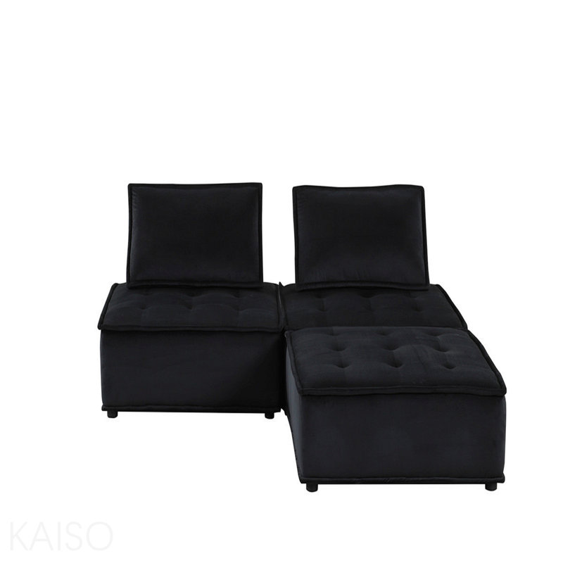 80"W Black Velvet 3 Pc Sectional Sofa Ottoman