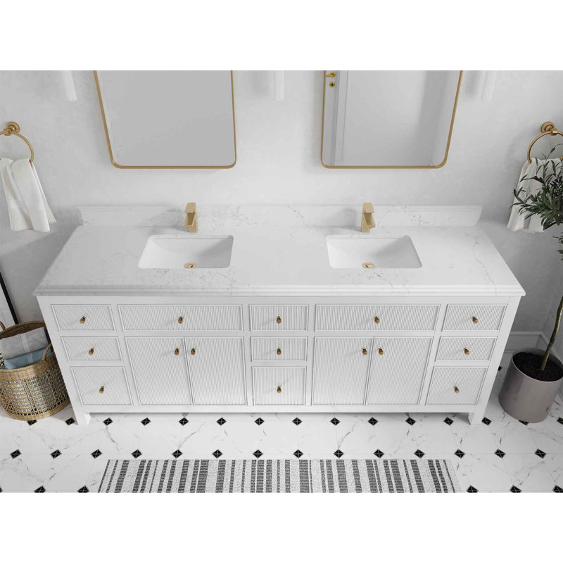 84'' Double Bathroom Vanity with Quartz Top, White, Empira Quartz White