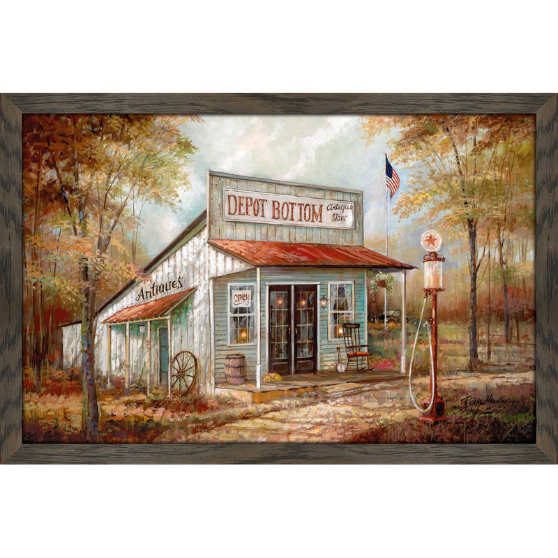 « depot bottom », reproduction de peinture à l’huile encadrée, H 21,5 po x l 27,5 po x P 0,75 po