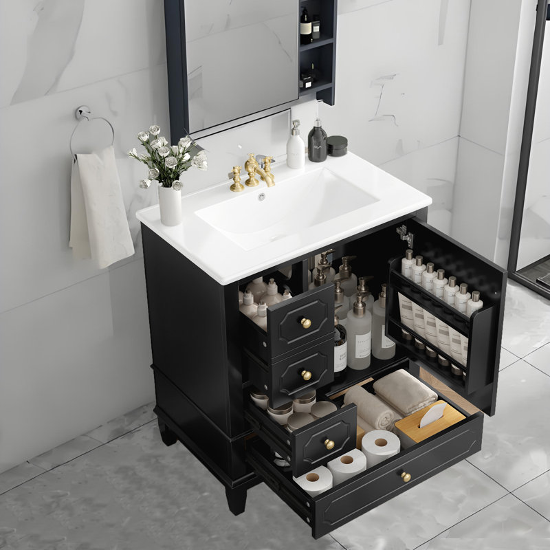 Meuble-lavabo simple, meuble-lavabo de 30 po avec lavabo en céramique, meuble-lavabo autoportant à 3 tiroirs et armoire