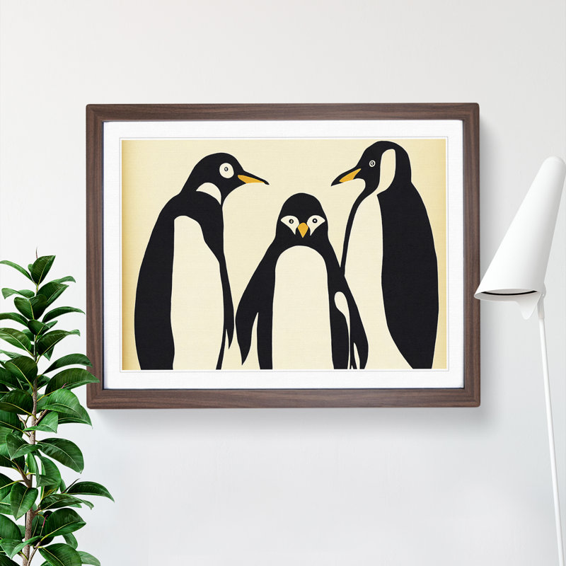 Three Penguins Abstract - Single Picture Frame Print, 46cm H x 64cm W x 2cm D, Walnut Framed