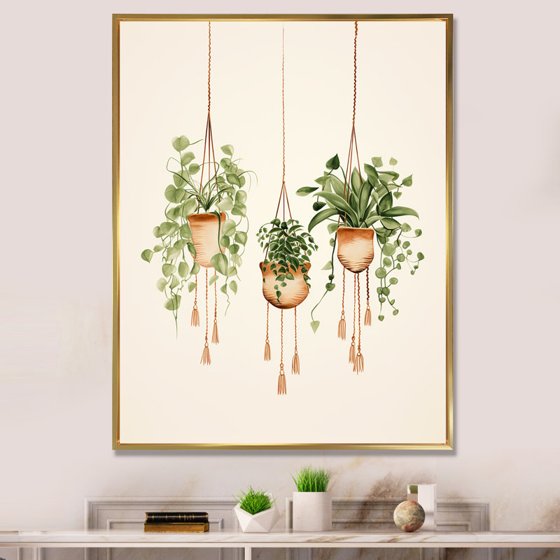 «Hanging Decorative Botanical Boho Plants I», reproduction sur toile, H 40 po x l 30 po x P 1,5 po, Cadre flottant doré
