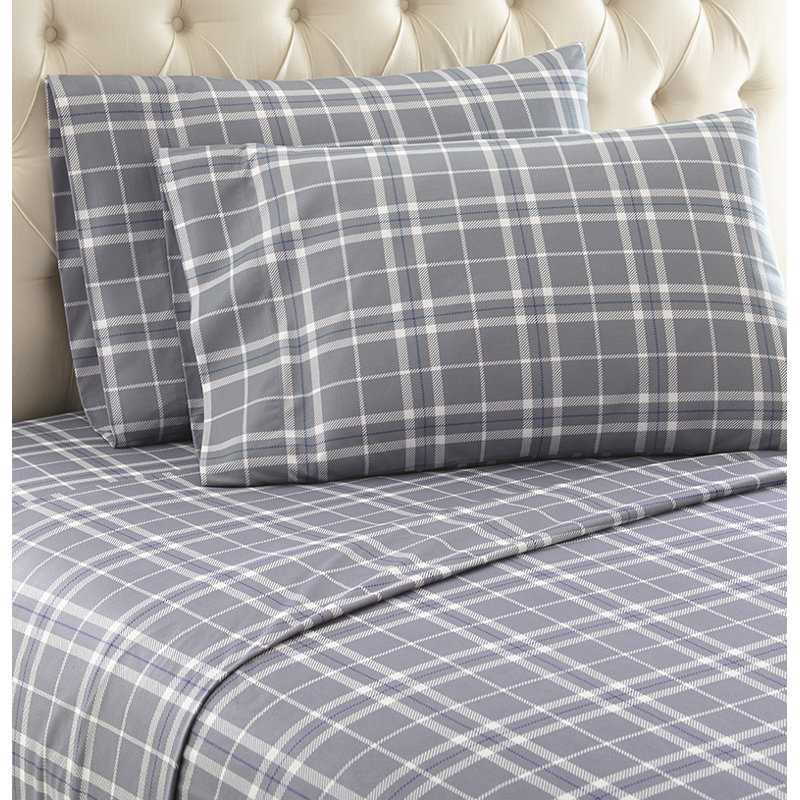 Micro Flannel® Printed Deep-Pocket Sheet Set, Twin XL Sheet Set with 1 Pillowcase, Carlton Plaid Gray