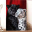 30*20，2D Flat, 1pc, Wooden Framed Canvas Art Print- Black Leopard& Snow Leopard Hugging on Red Background, Vertical Wall Decor with Hook Installation.