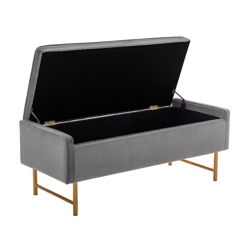 Banc de rangement en velours Mercer41 Helge avec pieds en métal doré, Gris foncé