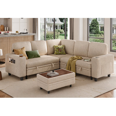  Sherry 81'' Upholstered Modular Sectionals with Ottoman, Pull-out Sofa, Storage Chaise, USB Charging & Cup Holders
