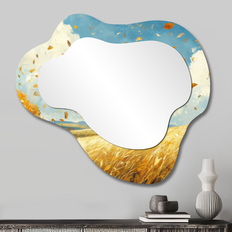 Blue Windy Prairie Leaves - Leaves Asymmetrical Wall Mirror, Traditional Vanity Mirror, Printed on Metal, 25" x 28"