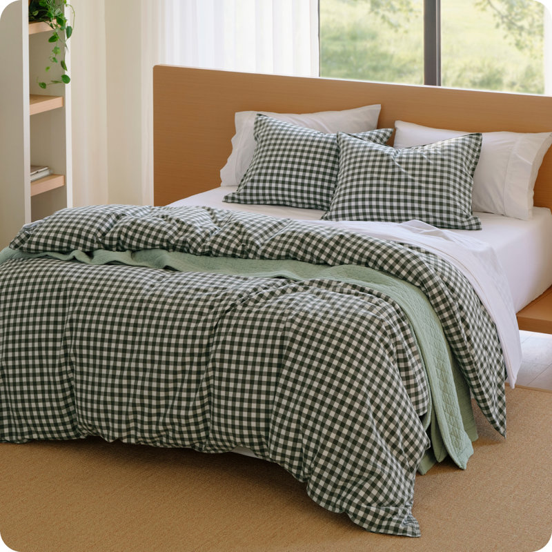 Bedsure Gingham Duvet Cover Set, 100% Washed Cotton Duvet Cover Linen‑Like, PureWoven with Reversible Yarn‑Dyed Design & Double‑Stitch Craft（Set of 3） 