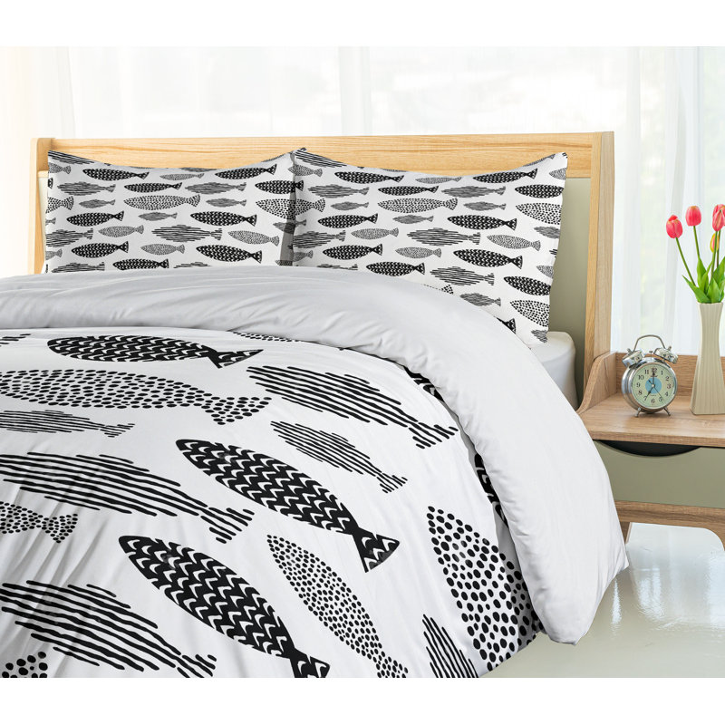 Black and White Fish Pattern Twin Duvet Cover Set