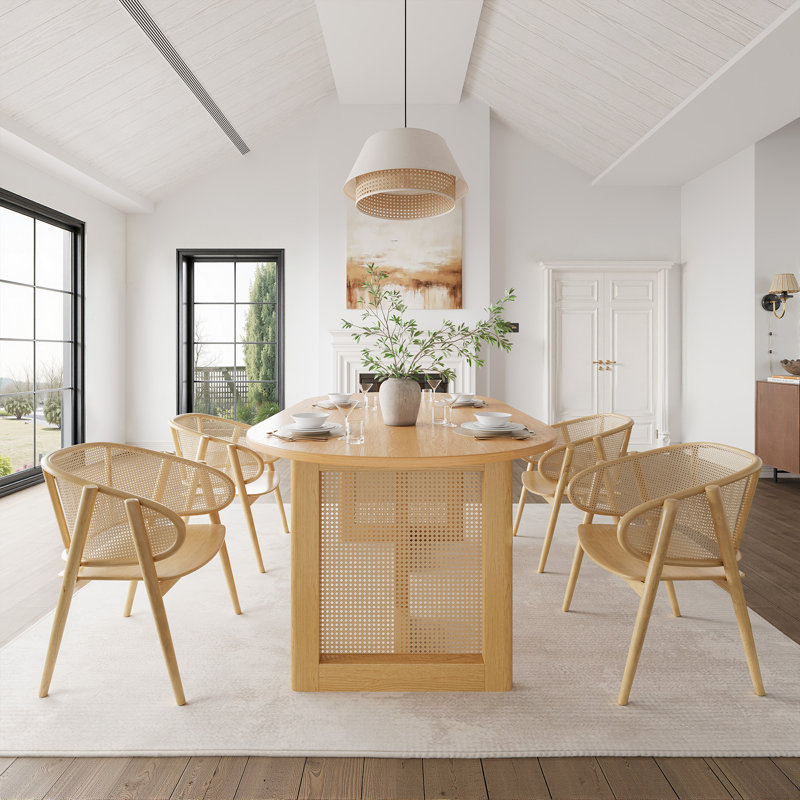 Midkiff 33.5"W×30"H Oval Dining Table Kitchen Table with Rattan Double Pedestal Base, 30"H x 67"L x 33.5"W, Natural Wood