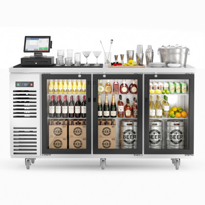 COOLSKI 72 in. W 25.6 cu. ft. Commercial Under Height Back Bar Cooler Refrigerator with Glass Door in Stainless Steel