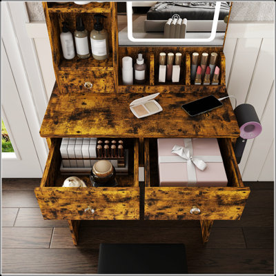 Modern Vanity Desk with 3 Modes of LED Lighting, Adjustable Brightness, 3 Drawers, Open Shelves, Hair Dryer Holder, and Dressing Chair