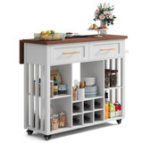 39.4'' L Modern Rolling Kitchen Island With Drop Leaf Countertop And Wine Rack, Wooden Kitchen Cart With 2 Storage Drawers And Towel Rack