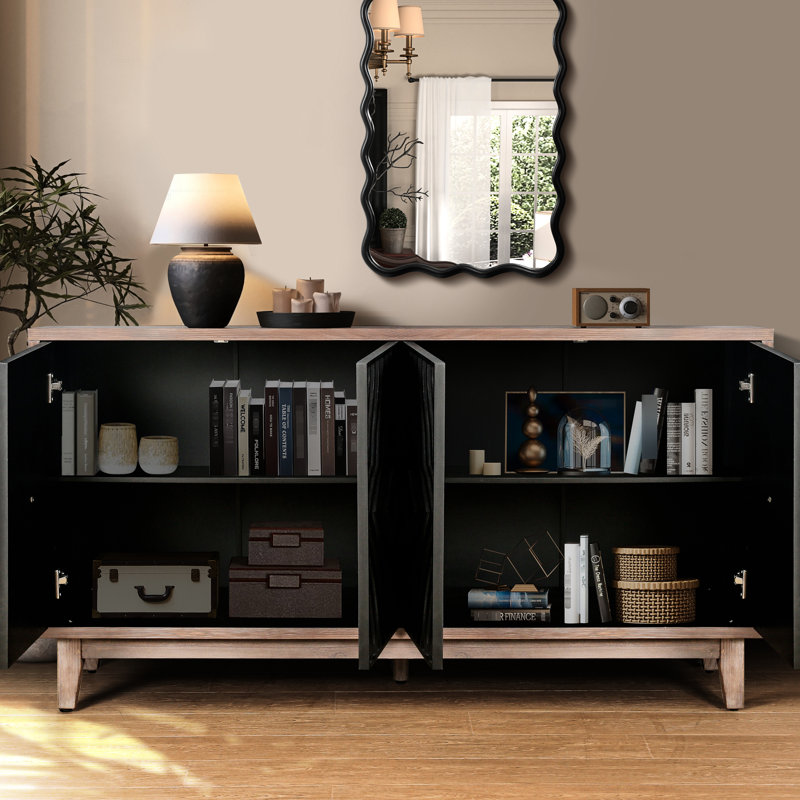 Arnoltice Mid Century avec 4 portes à motif convexe et 2 tablettes - Rangement spacieux pour le couloir du salon de 60 po de style Buffet cannelé noir antique