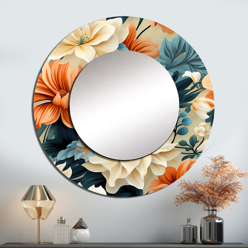 Motif botanique floral chaud en terre cuite et bleu - miroir floral, miroir mural rond rond bleu, impression d'art en métal