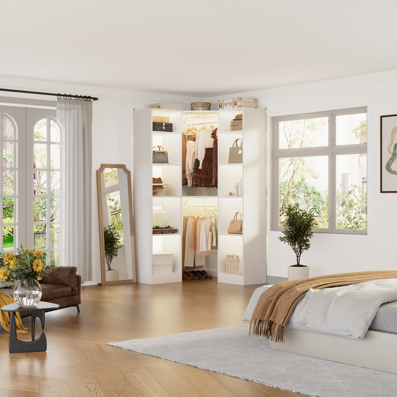 39" × 39" Large Corner Closet System With 12 Shelves & 2 Hanging Rods, White