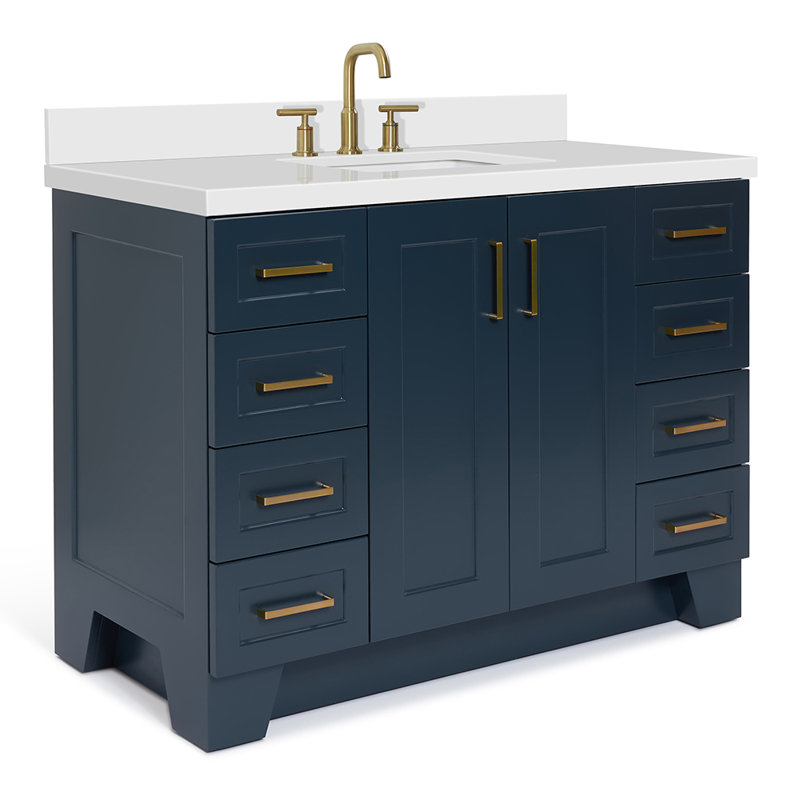 Freitas 48'' Solid Wood Single Bathroom Vanity, Midnight Blue, Rectangle, White Quartz