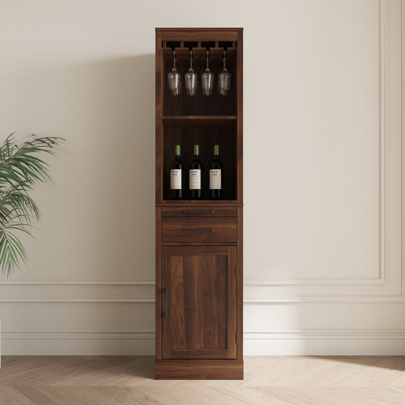 Brown Walnut Modular Wine Bar Cabinet with Hutch, Wooden Buffet Cabinet for Dining Room Storage & Home Bar, Dark Natural
