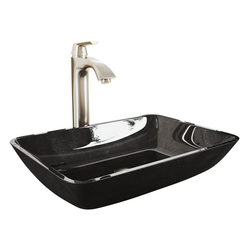 Donatello 18" L x 13" W x 4" H Rectangular Glass Vessel Bathroom Sink with 12" H Faucet, Gray Onyx, Brushed Nickel