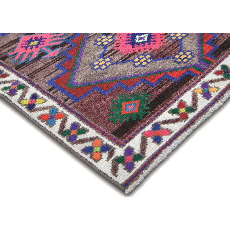 Tapis de couloir unique en laine noué à la main de style années 1960 de 2 pi 9 po x 11 pi 3 po en mauve / gris / bleu / rouge