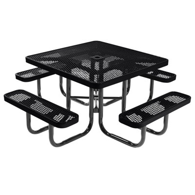 COATEDOUTDOORFURNITURE Table de pique-nique extérieure portable et robuste avec trou pour parasol, mobilier de salle à manger de patio en métal déployé de qualité commerciale fabriqué en Amérique (plateau carré de 46 pouces, noir)