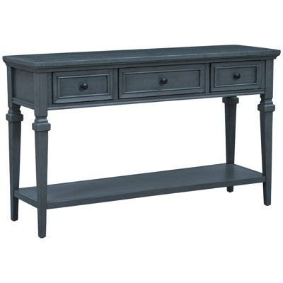 Console Table In Navy With Three Drawers And Plentiful Bottom Area Retro Table, Color, Drawer Arrangements