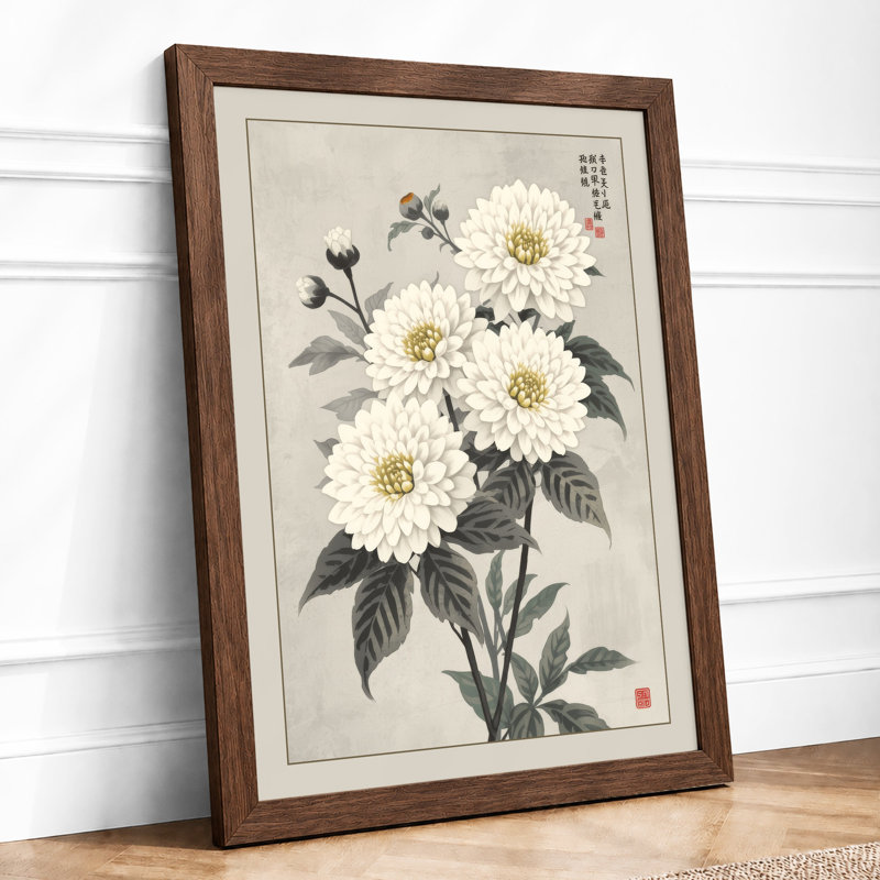 White Chrysanthemums Japandi - Framed Print, Walnut, A1 - 84.1 x 59.4 cm