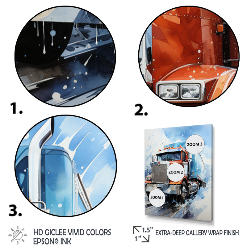 «Red Semi Truck In Winter I», art mural sur toile, H 20 po x l 12 po x P 1 po, Cadre flottant doré