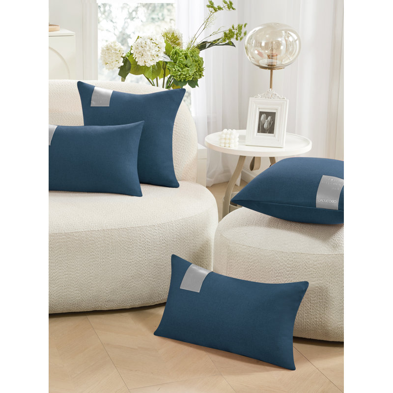 Decorative Solid Pillow Covers with Leather Label (Set of 2), 26"H x 26"W, Navy