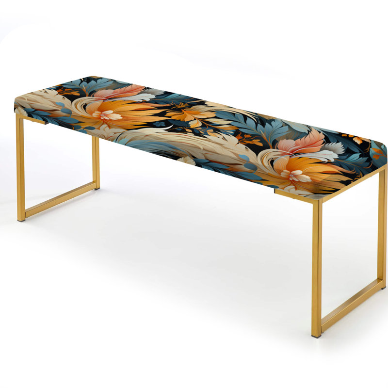 Earthy Tones Boho Inspire Feather - Floral Upholstered Gold Bench