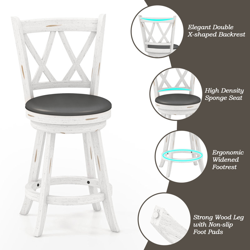 White Swivel Counter Stools with Faux Leather Seats, Set of 2