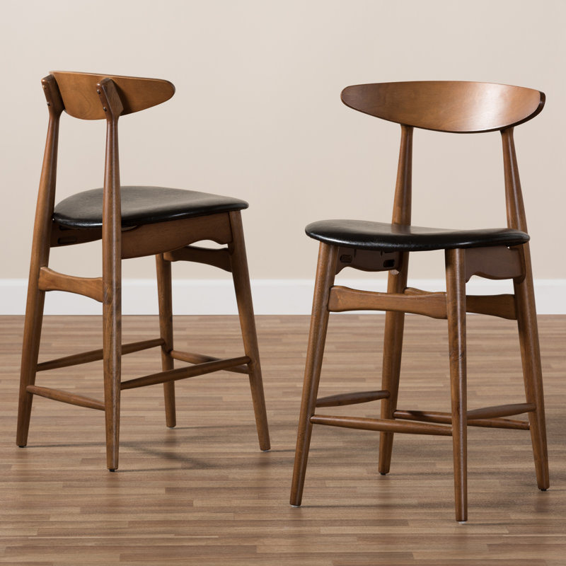 Set of 2 Baxton Studio Flora Mid-Century Modern Black Faux Leather Upholstered Walnut Finished Counter Stools