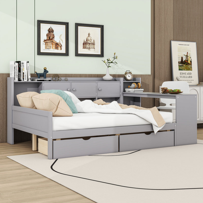 Daybed with Desk, Built-in Bookshelf, 3 Cabinets and 2 Drawers, Full/Double
