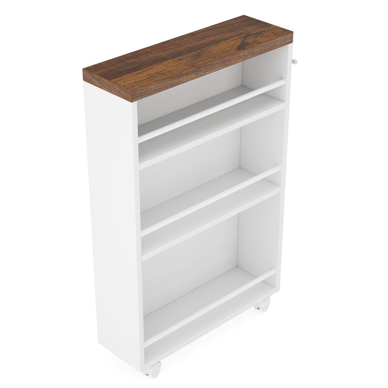 20" Slim Storage Cart – 4-Tier Narrow Rolling Kitchen Utility Cart With Wheels & Handle, Skinny Laundry Room Organizer, Slide Out Pantry Shelf For Small Spaces, Bathroom – Brown & White Finish