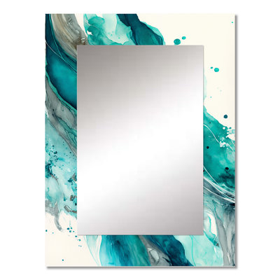 Turquoise Waves In Paradise V - Liquid Ink Large Wall Mirror, Blue Decorative Mirror, Printed Metal Art