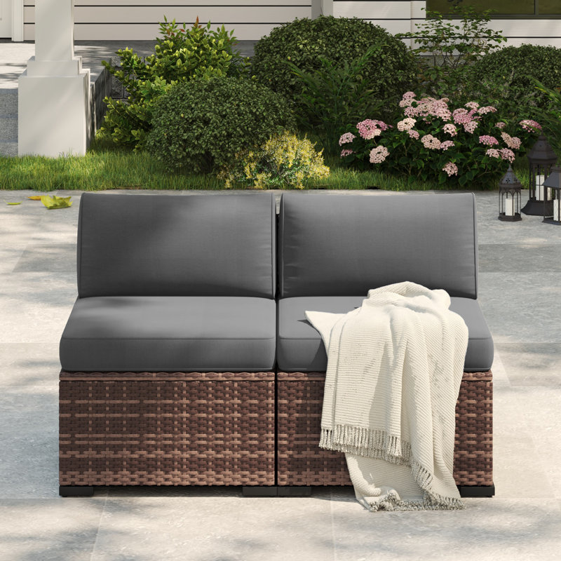 Yentin 24" Outdoor Wicker Patio Armless Modular Chair With Cushion  (Set of 2), Gray