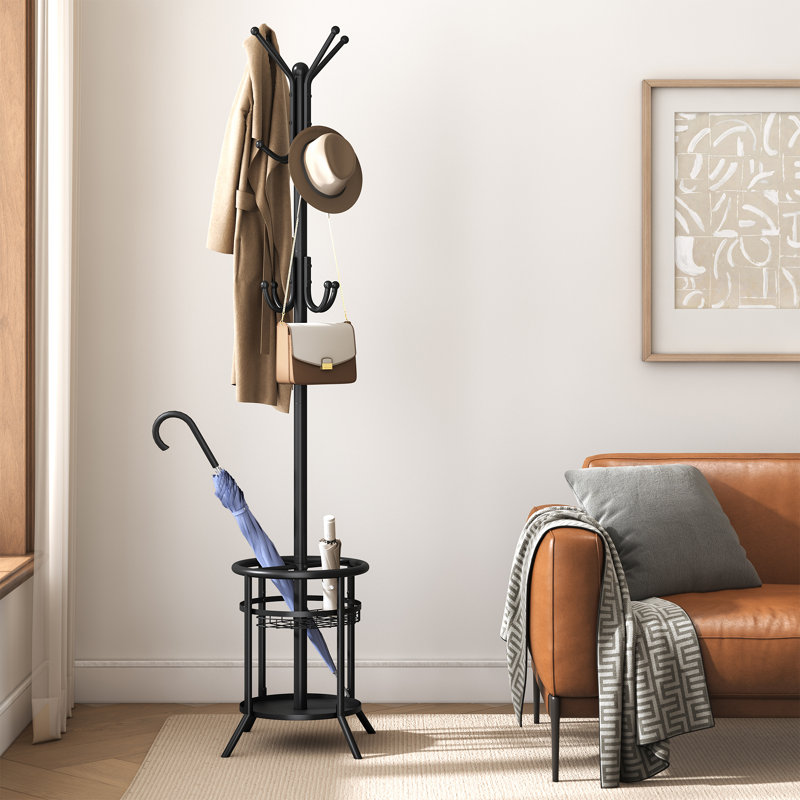12-Hook Freestanding Metal Coat Rack with Storage Shelf