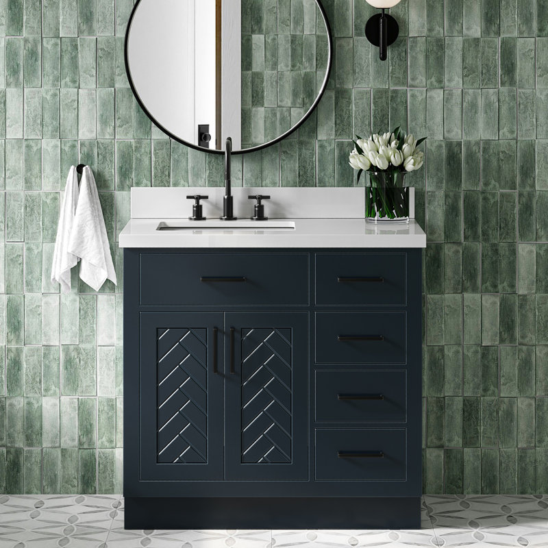 Ensemble de meuble-lavabo rectangulaire rectangulaire gauche 37 po avec comptoir en quartz blanc pur 1,5 po Chevron
